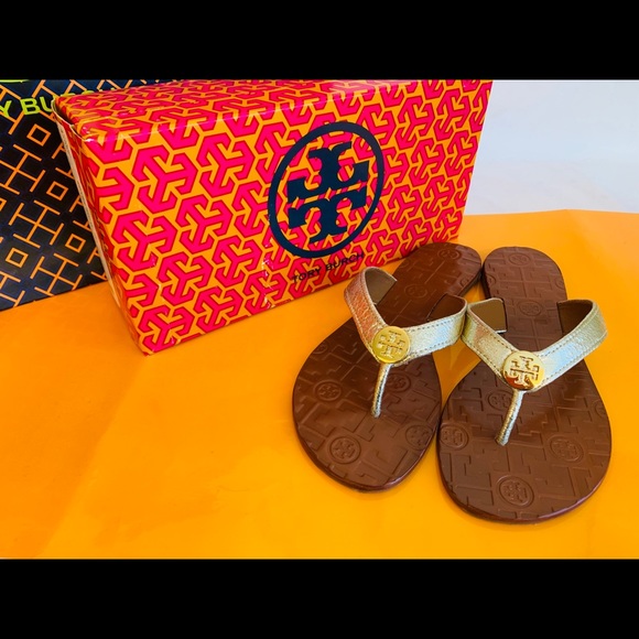 NIB TORY BURCH THORA LEATHER SANDALS SPARK GOLD - Picture 2 of 7